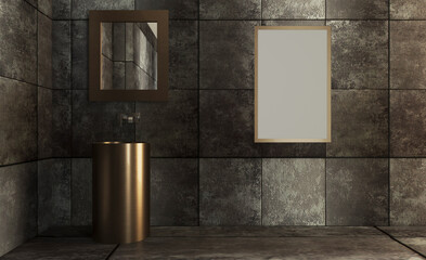 Modern loft style bathroom, old tiles, metal bathtub and washbasin.. 3D rendering,. Blank paintings.  Mockup.