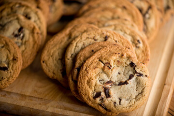Chocolate chip cookies. Homemade, traditional classic american dessert favorite. Chocolate chip cookies. Bakery or pastry shop favorite. Made with sugar, butter and chocolate. 