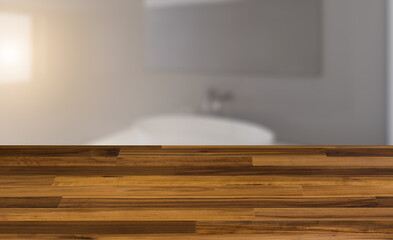 Obraz premium blurred interior on a wooden table background.Modern bathroom including bath and sink. 3D rendering.. Sunset.