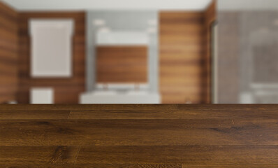 blurred interior on a wooden table background.Bathroom with wood paneling on the walls. modern sink. marble floor. 3D rendering.. Blank paintings.  Mockup
