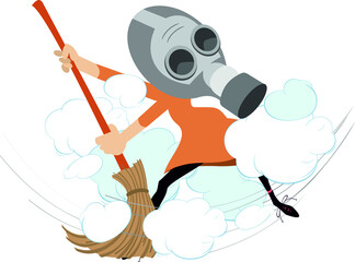 Dust cloud and woman with a big broom illustration. Cartoon woman in the gas mask sweeps dust using a broom isolated on white
