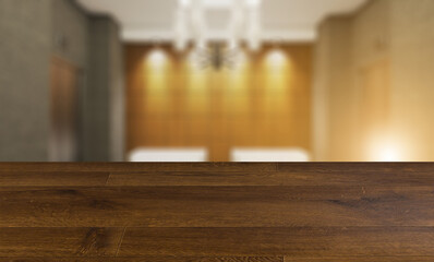 blurred interior on a wooden table background.View of the reception. Large secretary desk with monitors. White leather sofa for visitors. Lift hall.. 3D rendering. Sunset