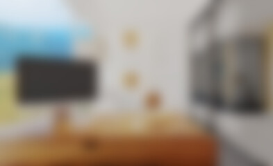 Unfocused, Blur phototography. View of the workplace of the top manager of the company. Modern office with large panoramic windows. Glass partitions. 3D rendering. mockup