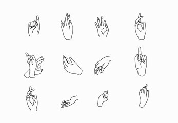 hand drawn hand icons in simple minimalistic line art style. logo elements illustrations for graphic design, logos and branding, social media icons. hand poses, pointing, holding, reaching, grasping.