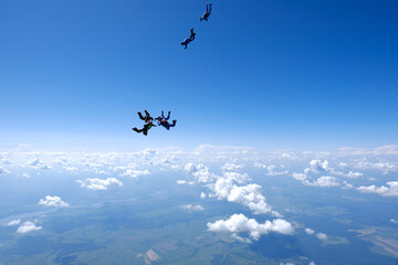 Skydiving. Formations. A group of skydivers is in the sky.