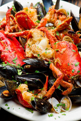 Lobster, mussels, clams and shrimp. Classic Italian restaurant entree favorite. Seafood stew baked in wood fire over and severed with olive oil, lemons and garnished with Italian parsley.