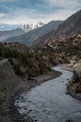 Marshyangdi river valley by Upper Pisang village and surrounding mountains, Annapurna circuit, Nepal