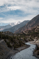 Marshyangdi river valley by Upper Pisang village and surrounding mountains, Nepal