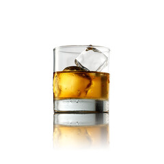 Whiskey Glass closeup, white background, with ice cubes and condensation on the whisky glass