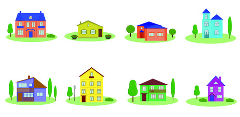 A set of houses. Flat-style cottages. Isolated vector image on a white background