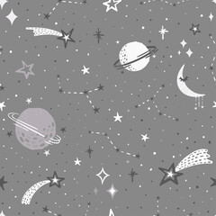 Childish seamless pattern with hand drawn elements,star, planet, galaxy on gray background. kids vector background