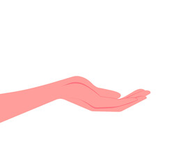 Female hand, palm up, little finger in the foreground. Concept: gesture to protect, care, give. Vector illustration, flat, cartoon design, isolated on white background, eps 10.