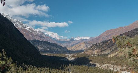 Panorama of mountains trekking Annapurna circuit, Marshyangdi river valley, Nepal