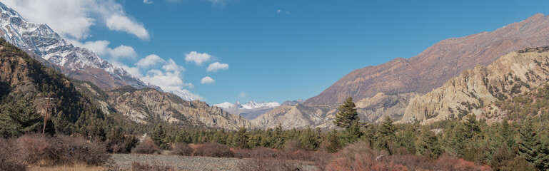 Panorama of mountains trekking Annapurna circuit, Marshyangdi river valley, Nepal
