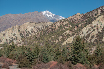 Mountains trekking Annapurna circuit, Marshyangdi river valley, Nepal