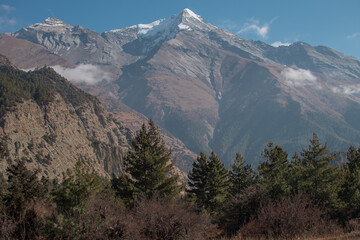 Mountains trekking Annapurna circuit, Marshyangdi river valley, Nepal