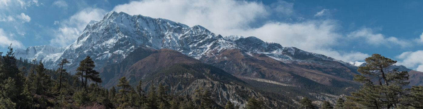 Panorama of mountains trekking Annapurna circuit, Marshyangdi river valley, Nepal