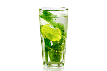 The mojito cocktail is isolated on a white background. Refreshing drink.
