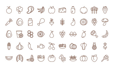 healthy food fresh fruits vegetables and protein ingredient products icons set line style icon