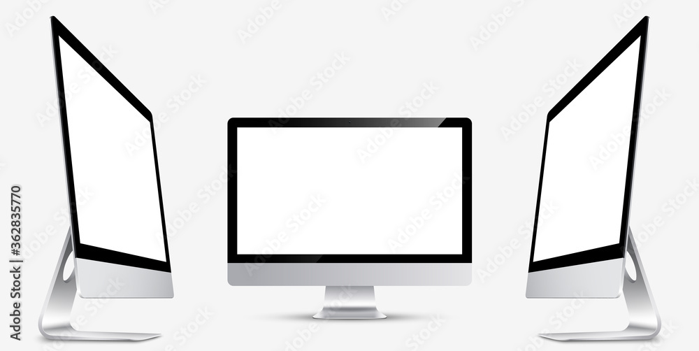 Wall mural mockup. screen monitor display on three sides with blank screen for your design. realistic vector il