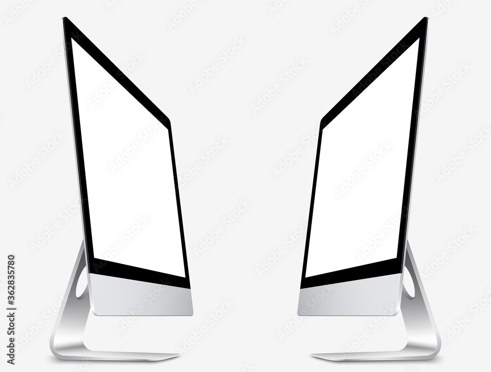 Wall mural mockup. screen monitor display on two sides with blank screen for your design. realistic vector illu