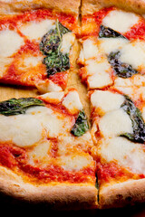 Pizza. Classic traditional Italian entrée favorite. New York Style Pizza with marinara sauce and topped with mozzarella cheese, meats and fresh vegetables. Baked in wood burning oven