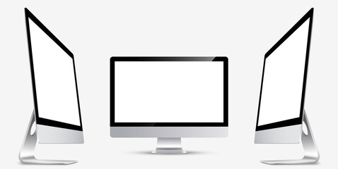 Mockup. Screen monitor display on three sides with blank screen for your design. Realistic vector illustration.