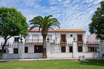 Fototapeta na wymiar Reihenhäuser Immobilien mit Palme und Zaun - Almonte/Andalusien/Spanien/Europa
