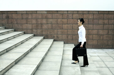 Businesswoman with briefcase walking up the stairs