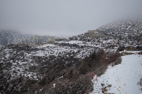 Ledar mountain village in snow by Marshyangdi river, Annapurna circuit, Nepal
