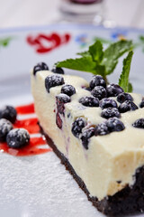 cheesecake with fresh blueberries and mint