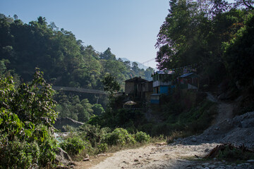 Village with tea houses and a suspension bridge, Annapurna circuit, Nepal