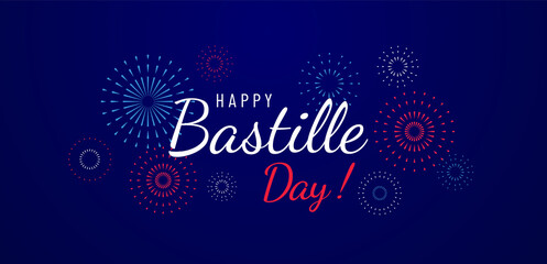 Fototapeta na wymiar Happy Bastille Day greeting card design with fireworks illustration on blue background. National holiday in France. - Vector