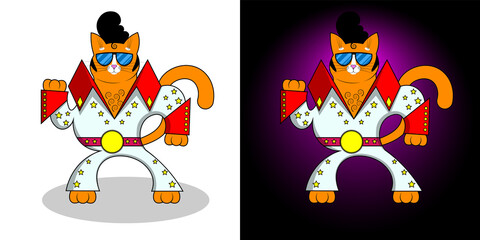 A cute cartoon red fat cat, kitty is standing straight, in a suit, glasses and a stylish retro hairstyle. Vector