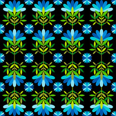 Seamless background with decorative flowers. Colorful Mexican traditional textile embroidery. Ethnic boho ornament. Vector illustration for web design or print.