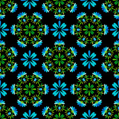 Seamless background with decorative flowers. Colorful Mexican traditional textile embroidery. Ethnic boho ornament. Vector illustration for web design or print.