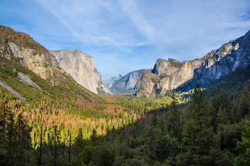 Obraz premium The Yosemite Valley at a sunny day, shot at tunnel view point, in auntumn.