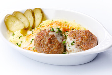 cutlet with mashed potato on white