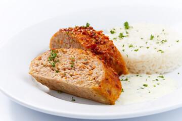 rice with cutlet on white