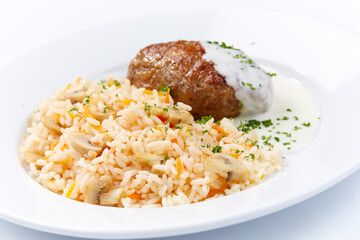 rice with cutlet on white