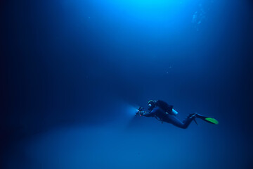 cenote angelita, mexico, cave diving, extreme adventure underwater, landscape under water fog