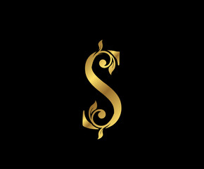 S Letter Floral Gold logo. Classy drawn emblem for book design, weeding card, brand name, business card, Restaurant, Boutique, Hotel.