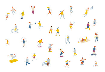 Fototapeta na wymiar Fat Vector background people. Outdoor activity, healthy lifestyle- bicycle, yoga, skate, rollers, fitness, jogging, scooter, tennis, badminton, unicycle.
