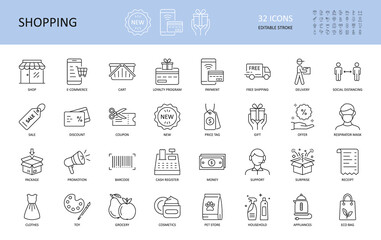 Vector icons of shopping, e-commerce. Editable Stroke. Shop delivery free shipping cart, loyalty program. Payment coupon sale money, cash register, discount. New gift package box support toy grocery