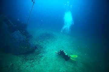 shipwreck diving landscape under water, old ship at the bottom, treasure hunt