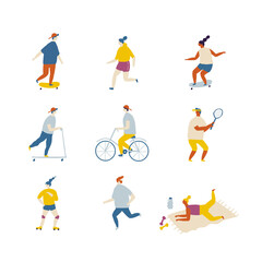 Fat Vector background people. Outdoor activity, healthy lifestyle- bicycle, yoga, skate, rollers, fitness, jogging, scooter, tennis, badminton, unicycle.