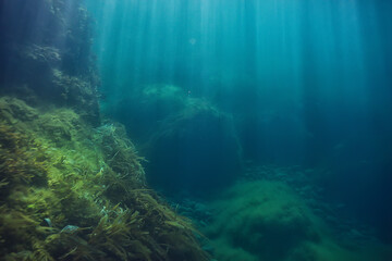 Naklejka na ściany i meble landscape diving in cenote, underwater fog hydrogen sulfide, extreme adventure in mexico