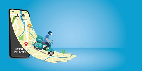 vector illustration of a mobile phone with delivery scooter on map.