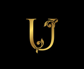 U Letter Floral Gold logo. Classy drawn emblem for book design, weeding card, brand name, business card, Restaurant, Boutique, Hotel.