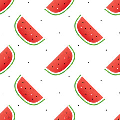 Watermelon slices and watermelon seeds vector cartoon style seamless pattern background.
